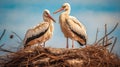 Couple of storks in the nest. Generative AI.