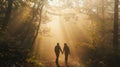 A couple strolling hand in hand through a misty forest the dappled sunlight highlighting their love for each other. .