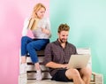 Couple students with book and laptop studying. Modern students use digital approach instead outdated. Students spend Royalty Free Stock Photo