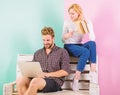 Couple students with book and laptop studying. Modern students use digital approach instead outdated. Students spend Royalty Free Stock Photo
