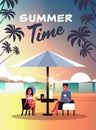 Couple summer vacation man woman drink wine umbrella on sunset beach tropical island vertical flat