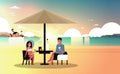 Couple summer vacation man woman drink wine umbrella on sunset beach villa house tropical island horizontal flat Royalty Free Stock Photo