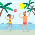 Couple on summer vacation, people playing ball in sea, man and woman leisure, vector illustration Royalty Free Stock Photo