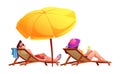 Couple sunbathe on chaise lounge under umbrella