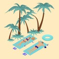 Couple sunbathes on tropical beach isometric. Guy girl lie litter next to rubber ring cocktail ice and camera. Royalty Free Stock Photo