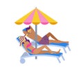 Couple sunbathing on beach character in flat Royalty Free Stock Photo