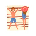 Couple Sunbathing on Beach Towel, Top View of Happy Young Man and Woman Vector Illustration Royalty Free Stock Photo