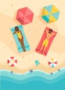 Couple sunbathing top view. A man and an African American woman are sunbathing on a beach. Beach time vector illustration