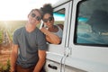 Couple, sunglasses and road trip in nature portrait, vacation or summer holiday outdoors. Love, diversity and man and