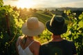 couple in sunhats, enjoying a sunlit vineyard view Royalty Free Stock Photo