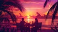 Couple at Sunset Beach Dinner in Magenta and Emerald Style Royalty Free Stock Photo