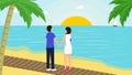 Couple and sunset vector illustration. Young boy and girl enjoy romantic evening date at sandy beach with palm trees