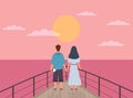 Couple and sunset. Happy man and woman on date watch sun on ship, pair back view look horizon, romantic relationships