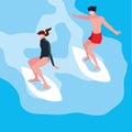 couple in surfboard in wave