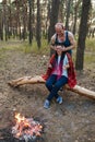 Couple surprise forest picnic concept. Royalty Free Stock Photo