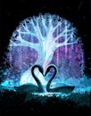 Couple of swans in front of magic surreal tree in the night. Grunge vector illustration.