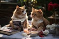 Couple swaps pet related gifts amidst playful pets at a cozy cafe, valentine, dating and love proposal image