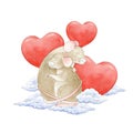 Couple of sweet hugging mice on the clouds with a big red heart watercolor illustration. Hand drawn tender romantic image perfect
