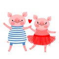 Couple of sweet piglets. Character design pig in ballet skirt and a hog in the vest. Vector illustration Royalty Free Stock Photo