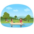 A couple swimming on boat in the pond in the park vector illustration. Man and women in boat together. Royalty Free Stock Photo