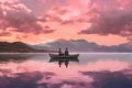 A couple swims on a canoe, kayak in the sea, ocean, river. Water sports on the background of mountains and summer. generative ai Royalty Free Stock Photo