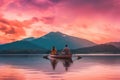 A couple swims on a canoe, kayak in the sea, ocean, river. Water sports on the background of mountains and summer. generative ai Royalty Free Stock Photo