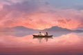 A couple swims on a canoe, kayak in the sea, ocean, river. Water sports on the background of mountains and summer. generative ai Royalty Free Stock Photo