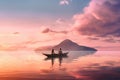 A couple swims on a canoe, kayak in the sea, ocean, river. Water sports on the background of mountains and summer. generative ai Royalty Free Stock Photo