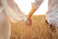 Couple taking hands and walking on golden wheat field over beautiful sunset Royalty Free Stock Photo