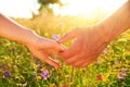 Couple taking hands and walking on the meadow field