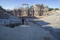 Couple taking pictures to Merida Roman theatre. Extremadura, Spain Royalty Free Stock Photo