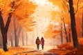 A couple taking a romantic stroll through a colorful autumn forest vector background Royalty Free Stock Photo