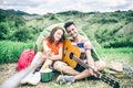 Couple taking selfie in a campsite Royalty Free Stock Photo