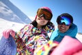 Couple taking selfie on hill. Winter vacation Royalty Free Stock Photo