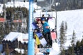 Couple taking selfie while lifting at mountain ski resort Royalty Free Stock Photo