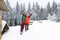 Couple Taking Selfie Photo On Smart Phone Snowy Village Wooden Country House Man Woman Winter Snow Royalty Free Stock Photo