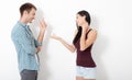 Couple talking arguing on each other isolated on white a background Royalty Free Stock Photo