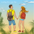 Couple tanned tourists with backpacks on the beach