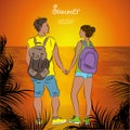 Couple tanned tourists with backpacks at sunset on the beach