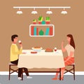 Couple is tasting italian food and drinking wine. Characters have dinner on a date at a cafe Royalty Free Stock Photo