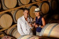 Couple tasting wine in a cellar Royalty Free Stock Photo