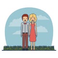 Couple teacher profession of man with moustache and woman with blonded hair in dress in meadow on sky landscape Royalty Free Stock Photo