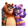 couple teddy bears takes a selfie isolated on PNG background. Generative AI.