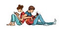 A couple of teenagers girl and boy. Woman reading a book, a man playing guitar