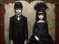 Couple of teenagers with very white skin dressed in black clothes from the 1920s with a bowler hat and feathers and a gothic style