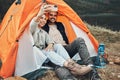 Couple, tent and camping selfie with smile, memory and holiday, web blog and morning in countryside. Man, woman and