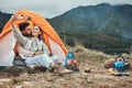 Couple, tent and kiss in camping selfie, memory and holiday on web blog, morning and countryside. Man, woman and relax