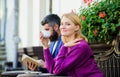 Couple terrace drinking coffee. Casual meet acquaintance public place. Apps normal way to meet and connect with other Royalty Free Stock Photo