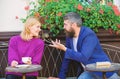 Couple terrace drinking coffee. Casual meet acquaintance public place. Romantic couple. Normal way to meet and connect Royalty Free Stock Photo