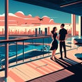 Couple on the terrace of a luxury hotel. Vector illustration AI generated